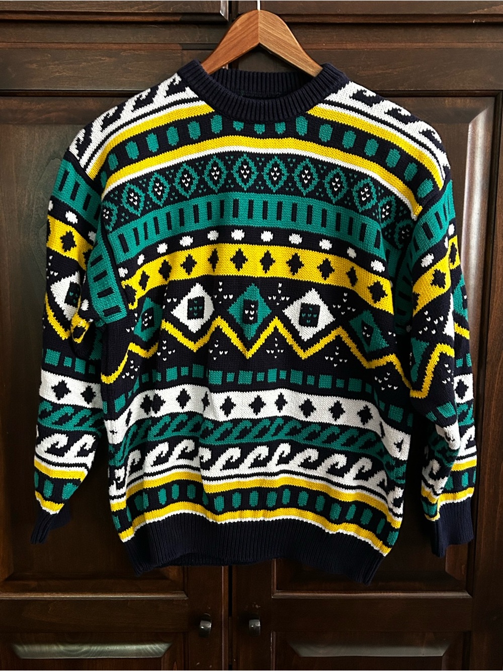 1989’s 1990’s Sz S Geometric Patterned Crewneck Sweater in Teal & Yellow “Coogi”
